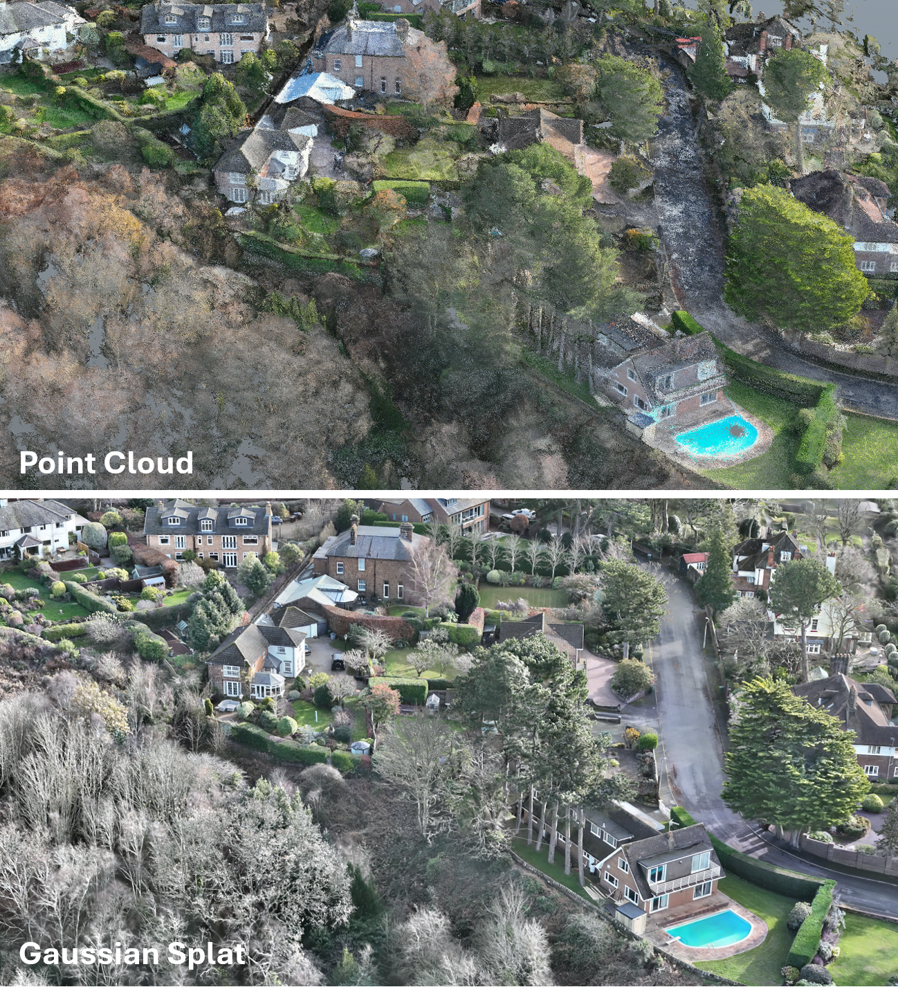 Comparison of a LiDAR point cloud and Gaussian splat three-dimensional model