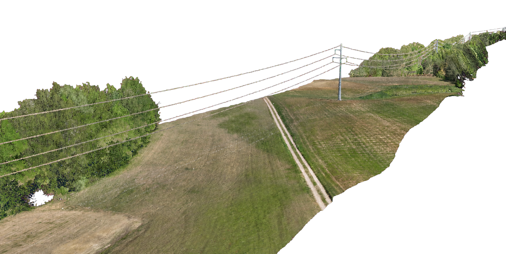 Detailed aerial model of a power line corridor shown in its natural data boundary